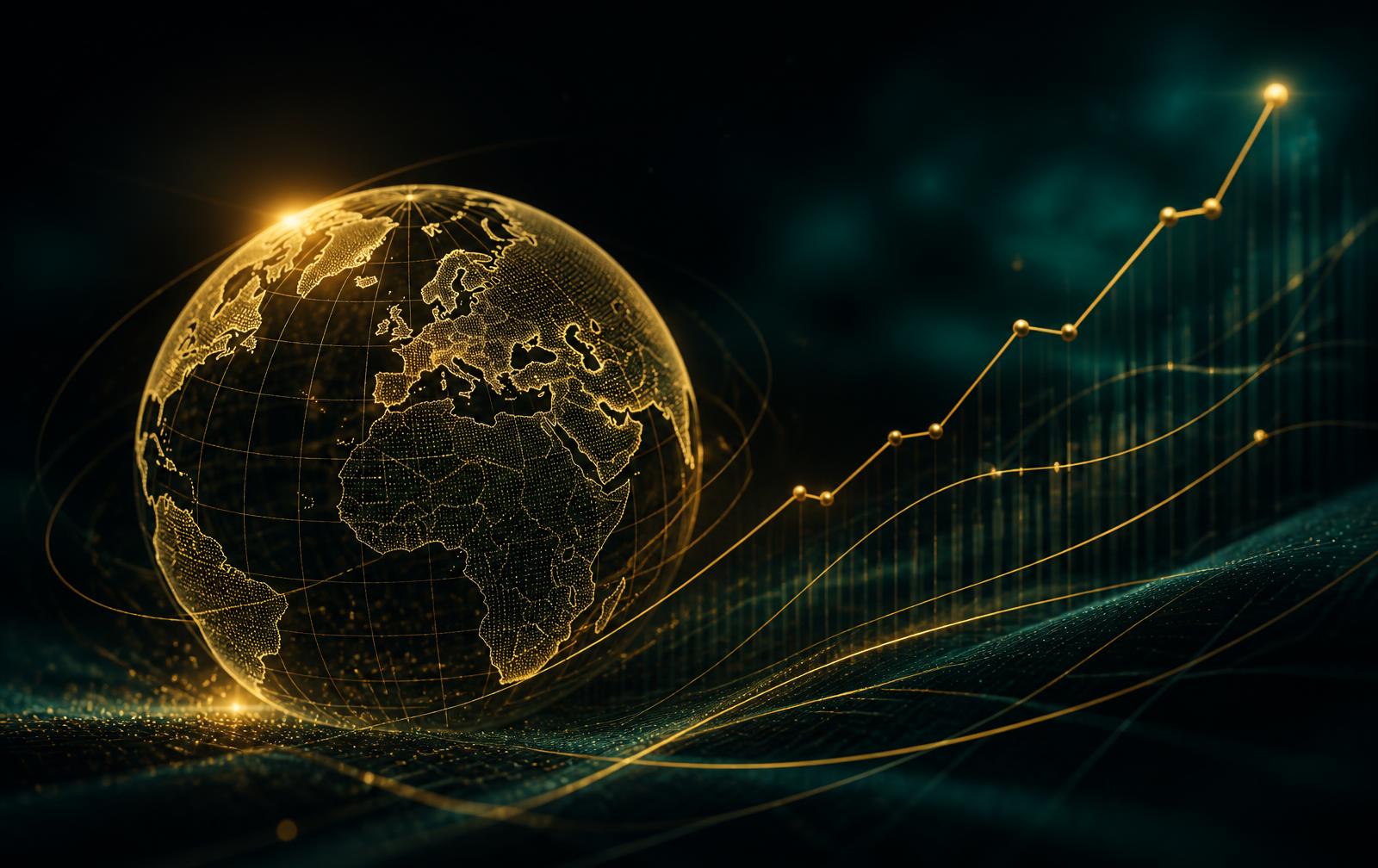 Globo dourado e linhas de crescimento, símbolo dos investimentos globais do The M's